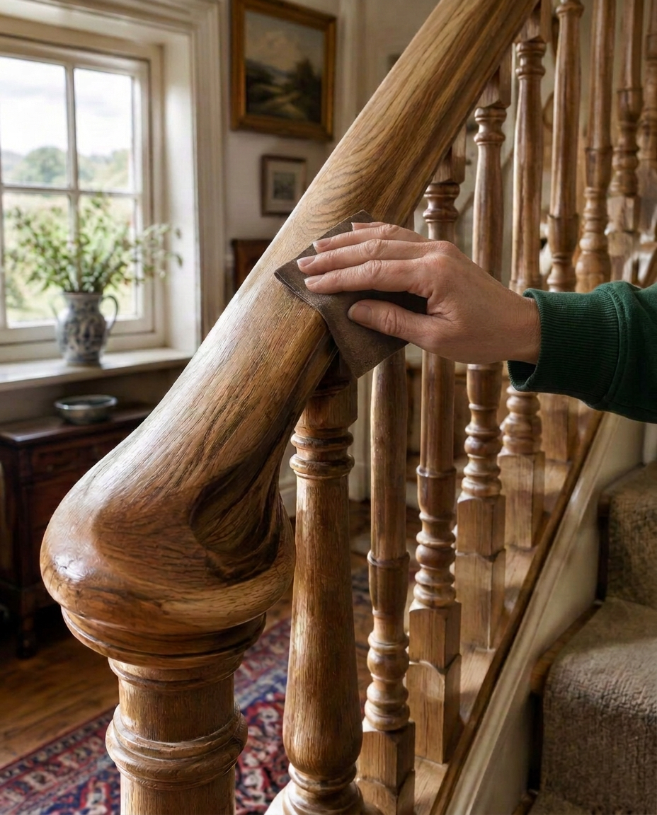 Restoring a wooden staircase, polishing the original oak handrail and banister